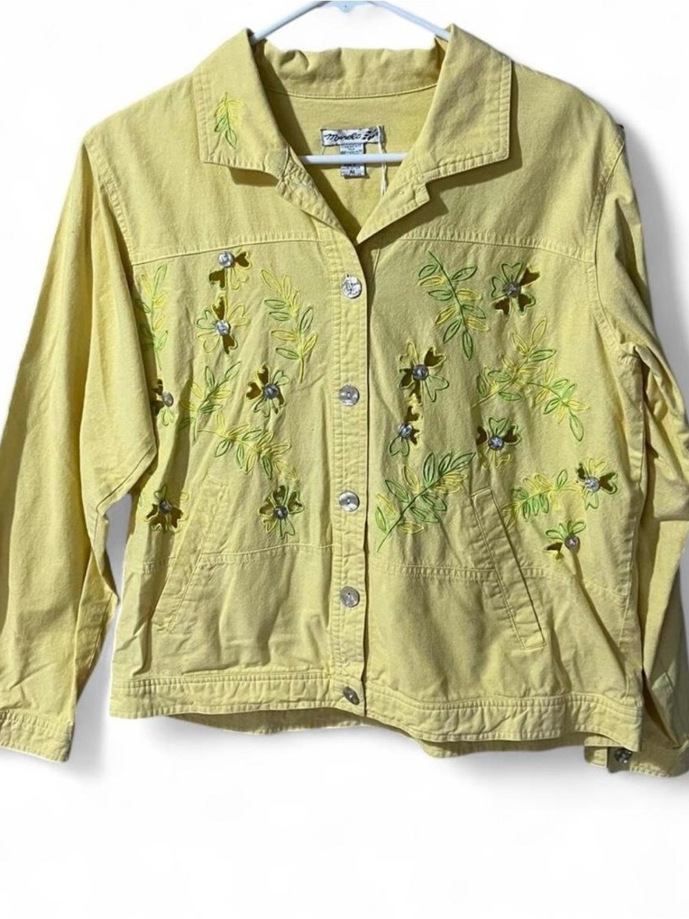Embroidered Yellow Women's Jacket - Floral Button Details